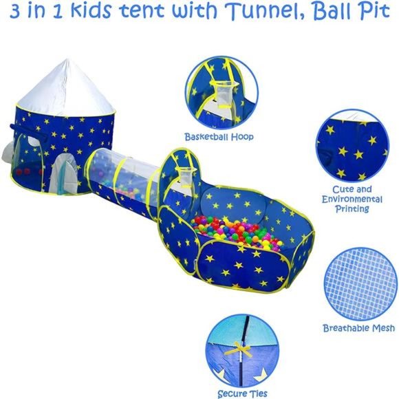 3pc Kids PlayTent for Boys with Ball Pit,Crawl Tunnel,Princess Tents for Toddler - Picture 4 of 7
